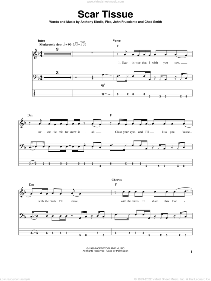 Scar Tissue sheet music for bass (tablature) (bass guitar) by Red Hot Chili Peppers, Anthony Kiedis, Chad Smith, Flea and John Frusciante, intermediate skill level
