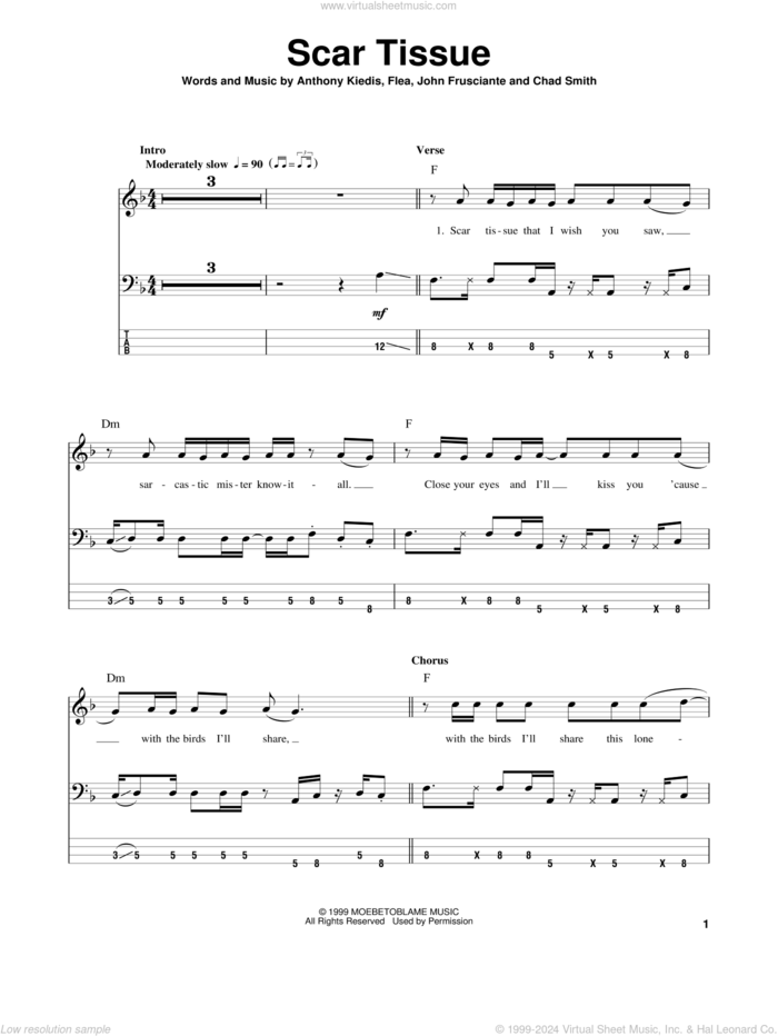 Scar Tissue sheet music for bass (tablature) (bass guitar) by Red Hot Chili Peppers, Anthony Kiedis, Chad Smith, Flea and John Frusciante, intermediate skill level