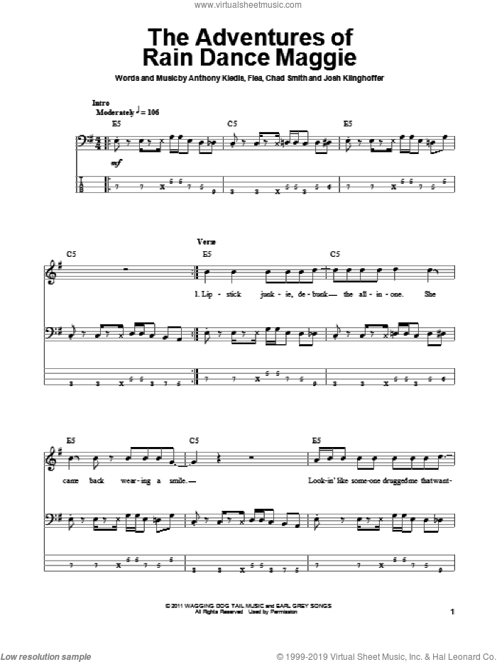 The Adventures Of Rain Dance Maggie sheet music for bass (tablature) (bass guitar) by Red Hot Chili Peppers, Anthony Kiedis, Chad Smith, Flea and Josh Klinghoffer, intermediate skill level