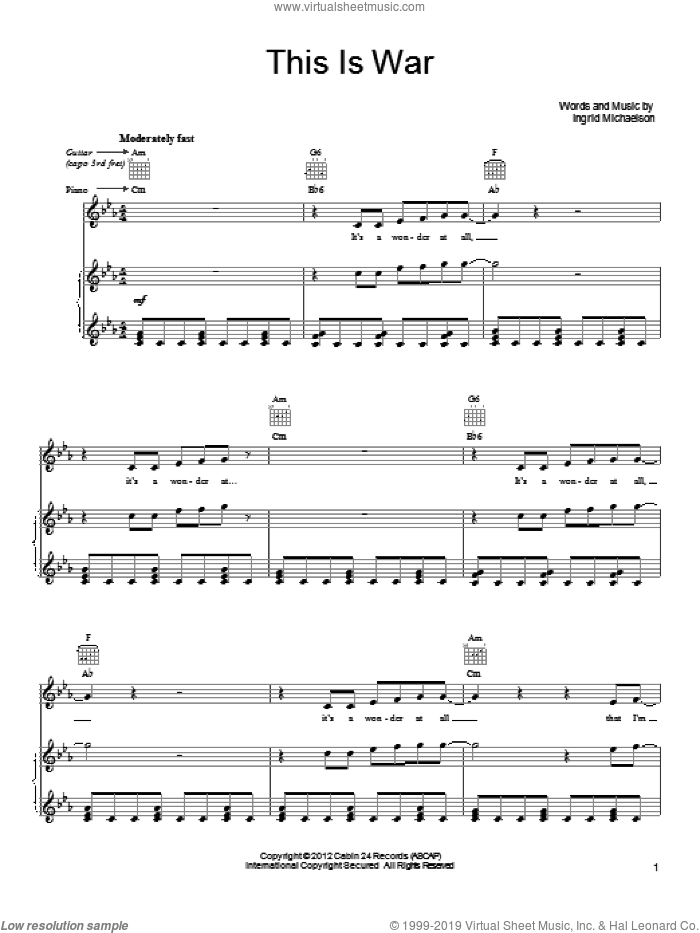 This Is War sheet music for voice, piano or guitar by Ingrid Michaelson, intermediate skill level