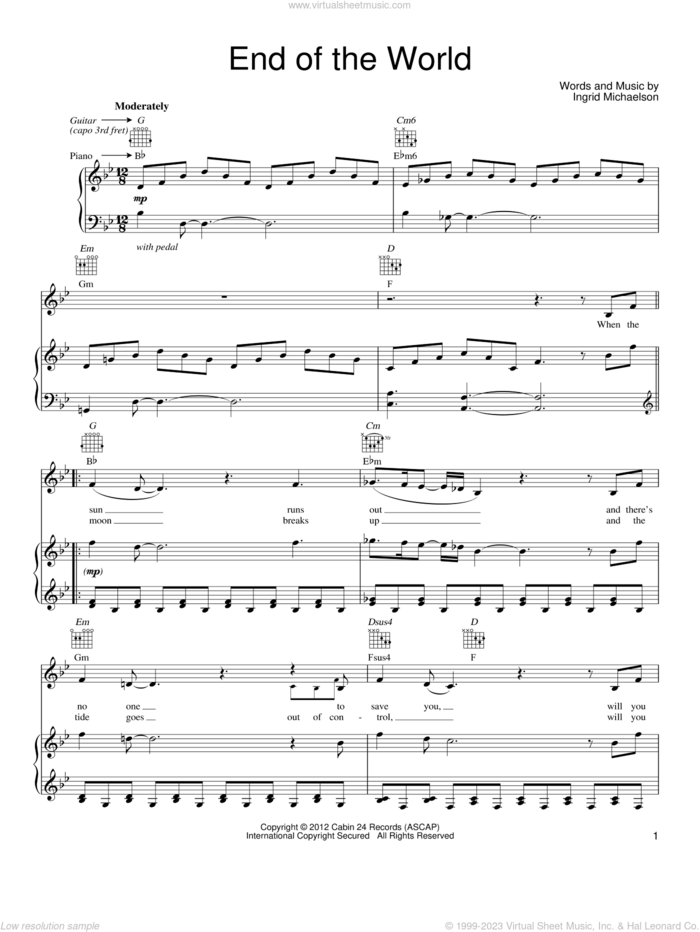 End Of The World sheet music for voice, piano or guitar by Ingrid Michaelson, intermediate skill level