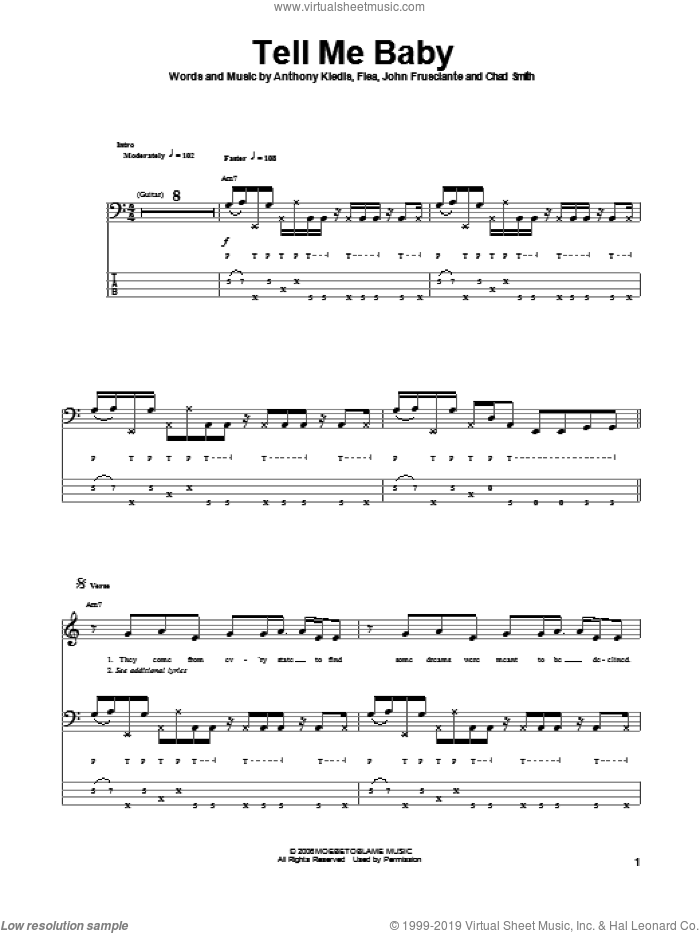 Tell Me Baby sheet music for bass (tablature) (bass guitar) by Red Hot Chili Peppers, Anthony Kiedis, Chad Smith, Flea and John Frusciante, intermediate skill level