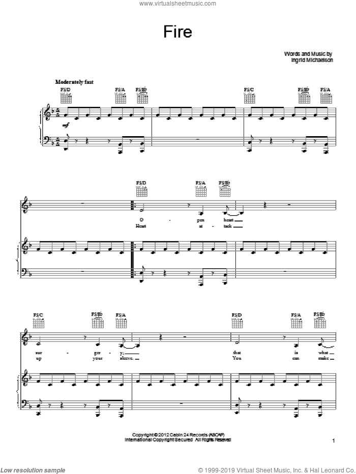 Fire sheet music for voice, piano or guitar by Ingrid Michaelson, intermediate skill level