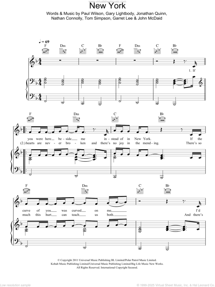 New York sheet music for voice, piano or guitar by Snow Patrol, Garret Lee, Gary Lightbody, John McDaid, Jonathan Quinn, Nathan Connolly, Paul Wilson and Tom Simpson, intermediate skill level