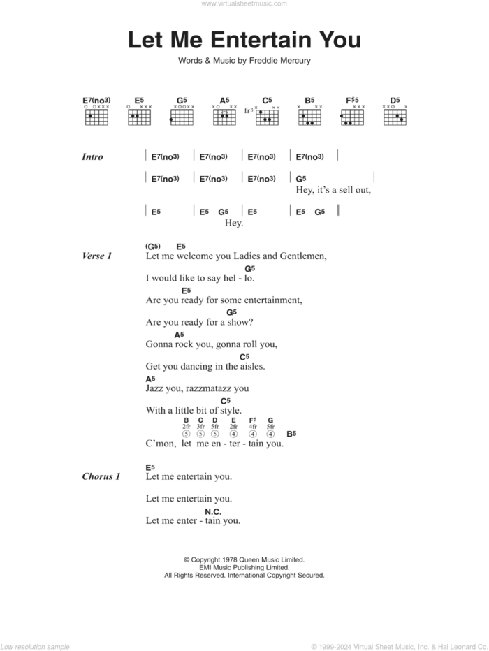 Let Me Entertain You sheet music for guitar (chords) by Queen and Frederick Mercury, intermediate skill level