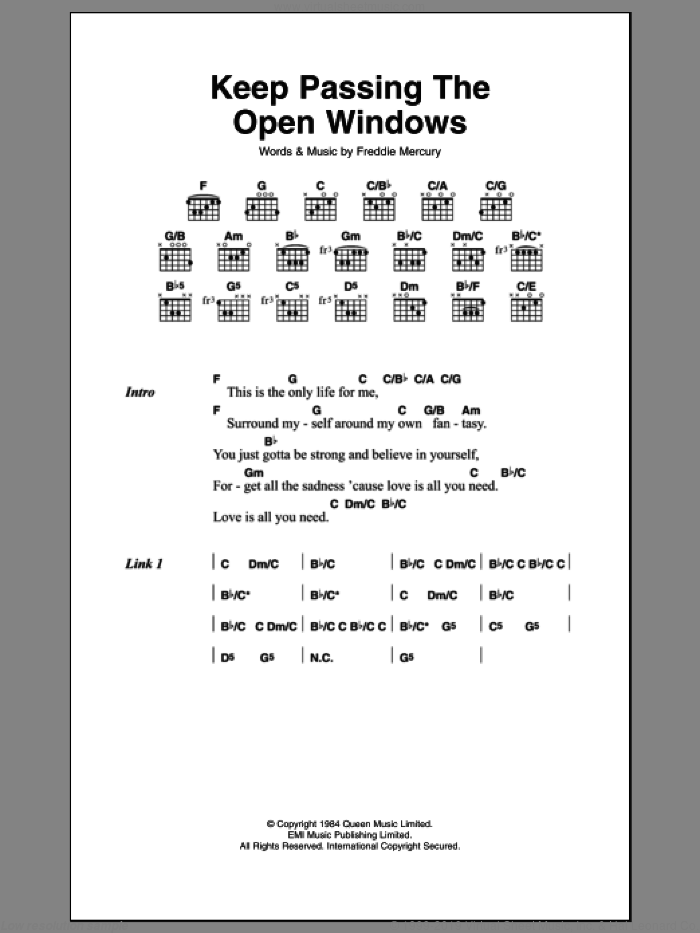 Keep Passing The Open Windows sheet music for guitar (chords) by Queen and Frederick Mercury, intermediate skill level