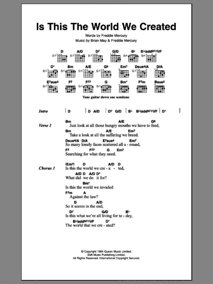 Is This The World We Created sheet music for guitar (chords) by Queen, Brian May and Frederick Mercury, intermediate skill level