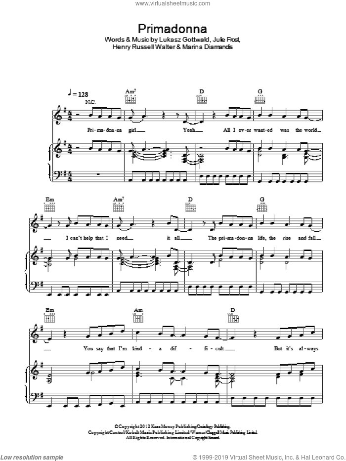 Primadonna sheet music for voice, piano or guitar by Marina & The Diamonds, Henry Russell Walter, Julie Frost, Lukasz Gottwald and Marina Diamandis, intermediate skill level