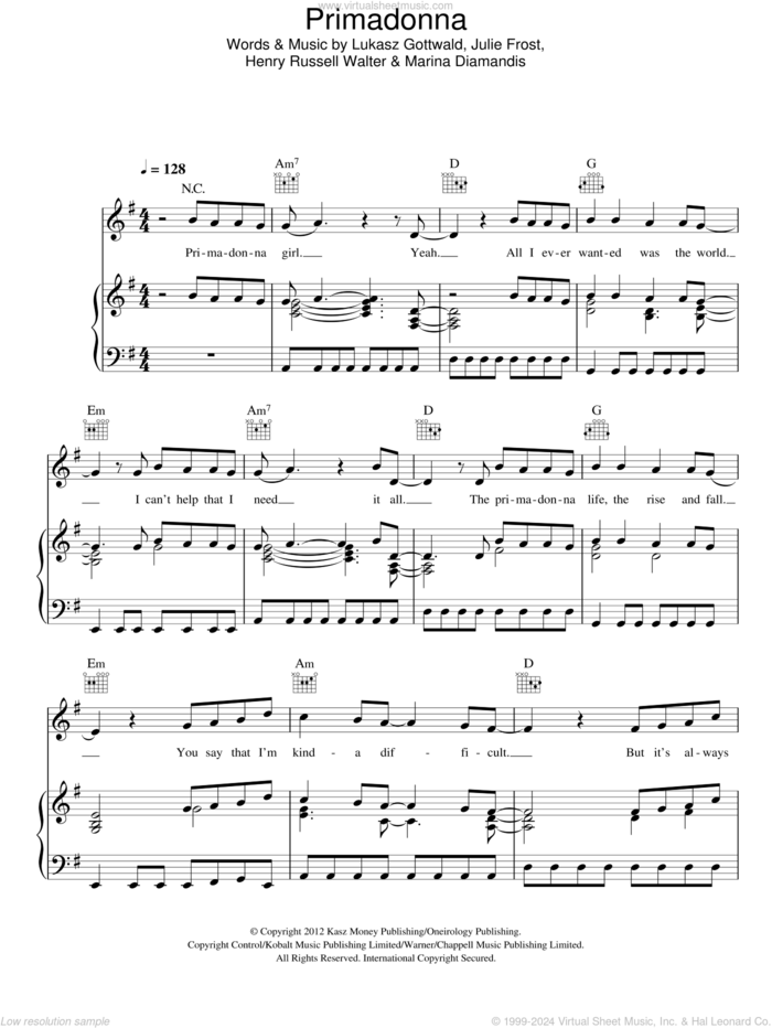 Primadonna sheet music for voice, piano or guitar by Marina & The Diamonds, Henry Russell Walter, Julie Frost, Lukasz Gottwald and Marina Diamandis, intermediate skill level