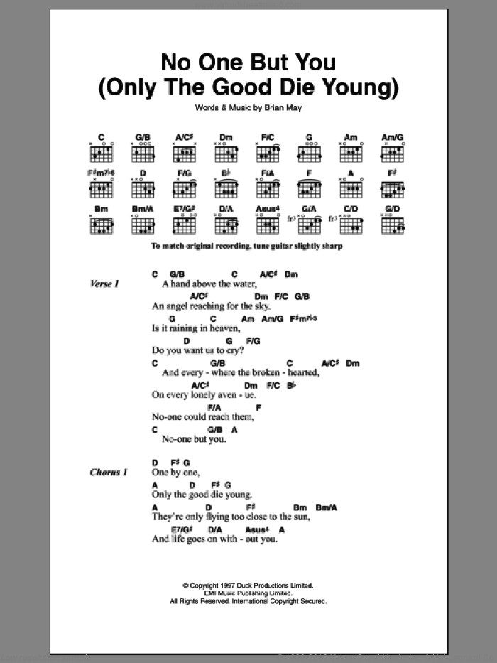 No One But You (Only The Good Die Young) sheet music for guitar (chords) by Queen and Brian May, intermediate skill level