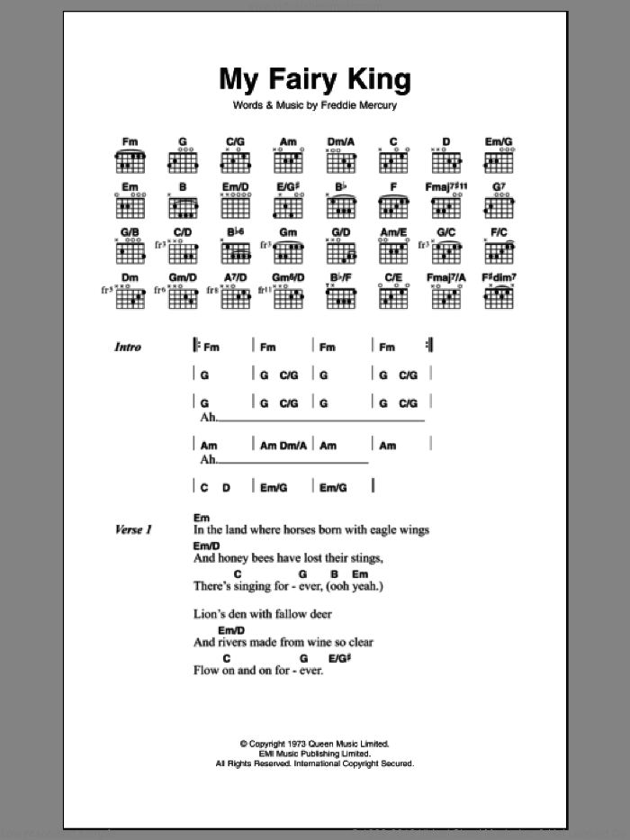 My Fairy King sheet music for guitar (chords) by Queen and Frederick Mercury, intermediate skill level
