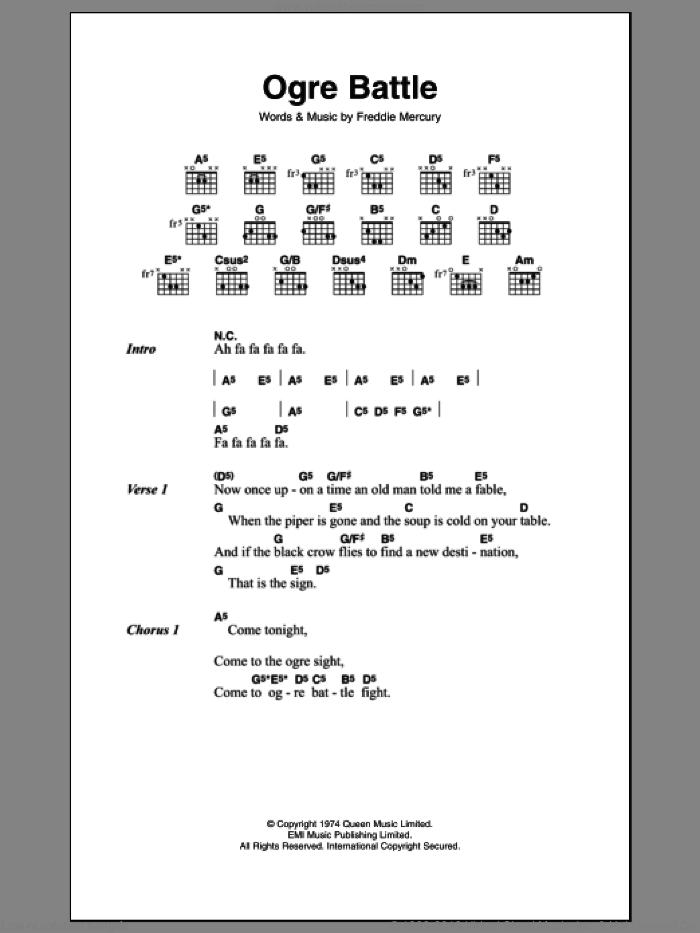 Ogre Battle sheet music for guitar (chords) by Queen and Frederick Mercury, intermediate skill level