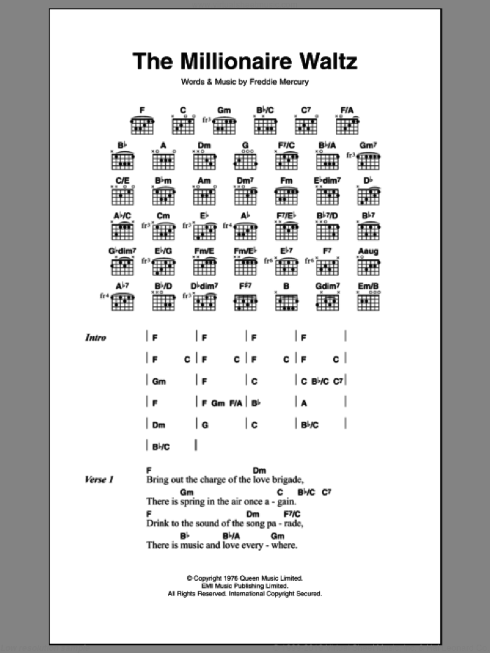 The Millionaire Waltz sheet music for guitar (chords) by Queen and Frederick Mercury, intermediate skill level