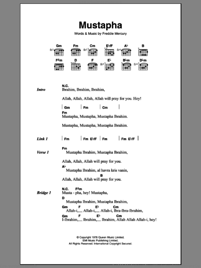 Mustapha sheet music for guitar (chords) by Queen and Frederick Mercury, intermediate skill level