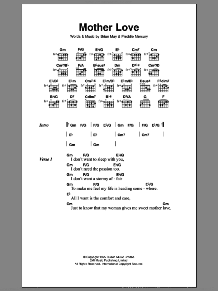 Mother Love sheet music for guitar (chords) by Queen, Brian May and Frederick Mercury, intermediate skill level