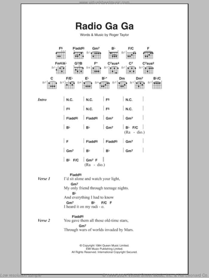 Radio Ga Ga sheet music for guitar (chords) by Queen and Roger Taylor, intermediate skill level