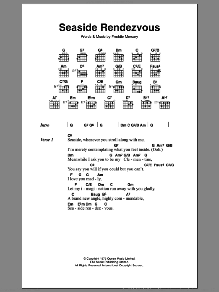 Seaside Rendezvous sheet music for guitar (chords) by Queen and Frederick Mercury, intermediate skill level