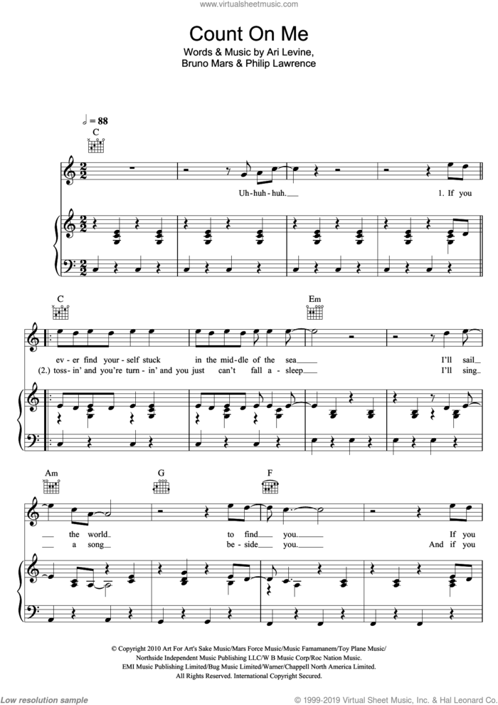 Count On Me sheet music for voice, piano or guitar by Bruno Mars, Ari Levine and Philip Lawrence, intermediate skill level