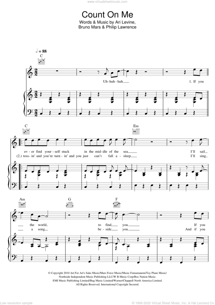 Count On Me sheet music for voice, piano or guitar by Bruno Mars, Ari Levine and Philip Lawrence, intermediate skill level