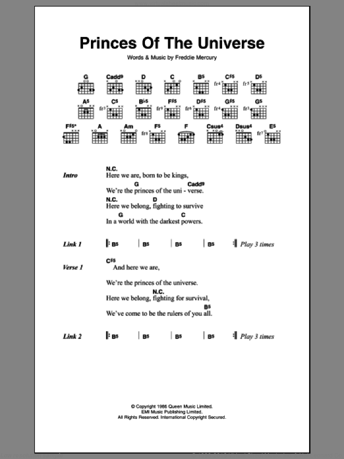 Princes Of The Universe sheet music for guitar (chords) by Queen and Frederick Mercury, intermediate skill level