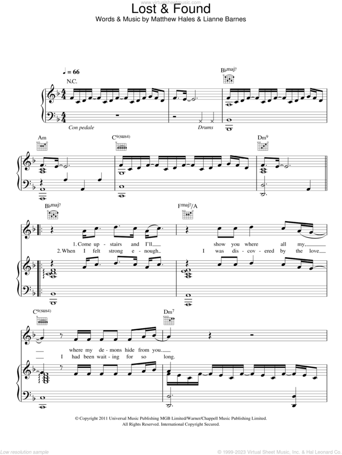 Lost and Found sheet music for voice, piano or guitar by Lianne La Havas, Lianne Barnes and Matthew Hales, intermediate skill level