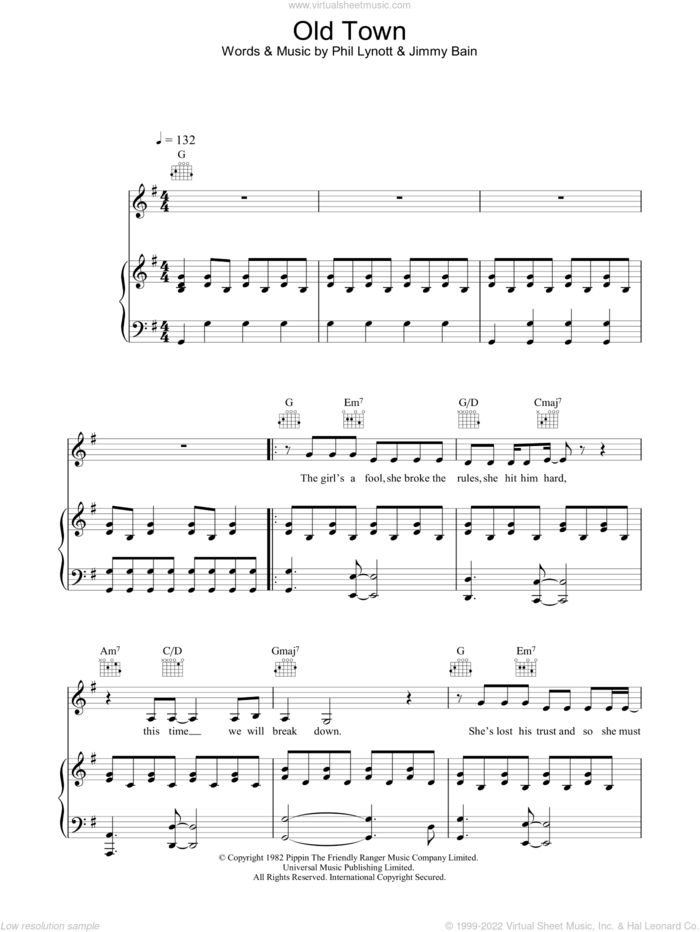 Old Town sheet music for voice, piano or guitar by The Corrs, Jimmy Bain and Phil Lynott, intermediate skill level