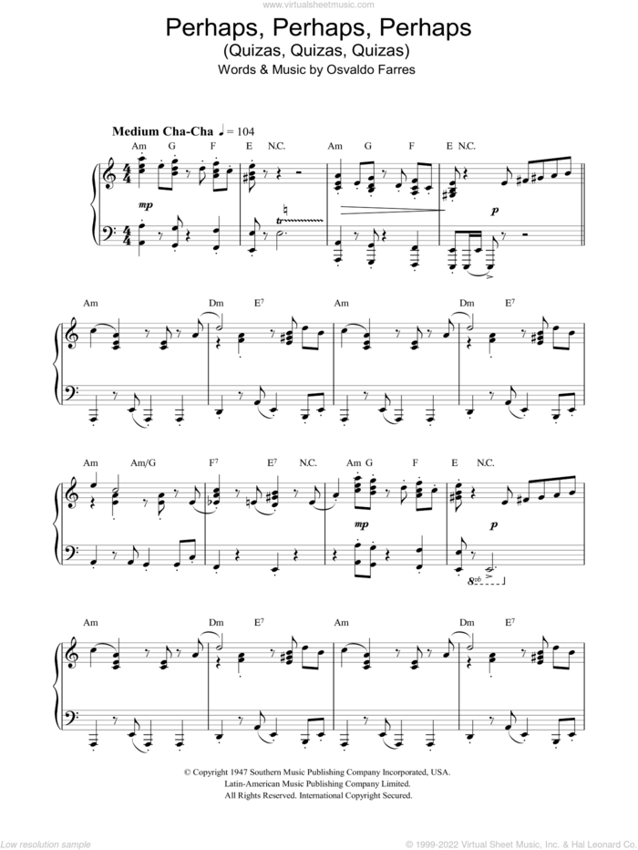 Quizas, Quizas, Quizas (Perhaps, Perhaps, Perhaps), (intermediate) sheet music for piano solo by Osvaldo Farres, intermediate skill level