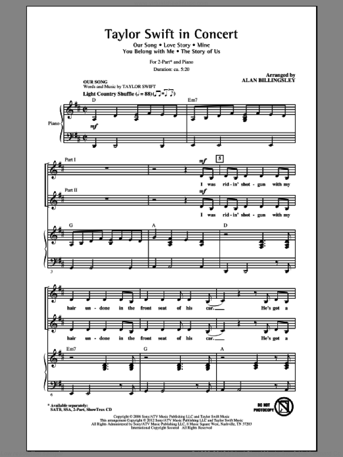 Taylor Swift In Concert (Medley) sheet music for choir (2-Part) by Taylor Swift, Liz Rose and Alan Billingsley, intermediate duet