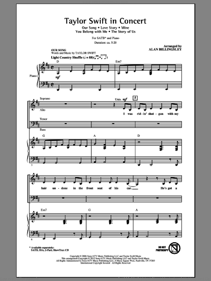 Taylor Swift In Concert (Medley) sheet music for choir (SATB: soprano, alto, tenor, bass) by Taylor Swift, Liz Rose and Alan Billingsley, intermediate skill level