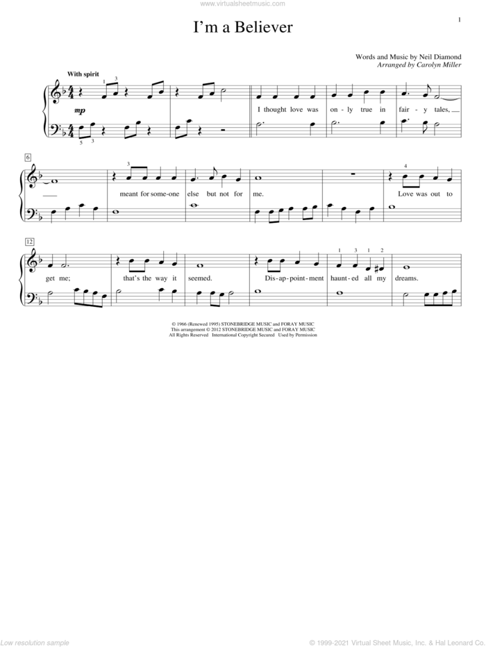 I'm A Believer (arr. Carolyn Miller) sheet music for piano solo (elementary) by The Monkees, Carolyn Miller, John Thompson and Neil Diamond, beginner piano (elementary)