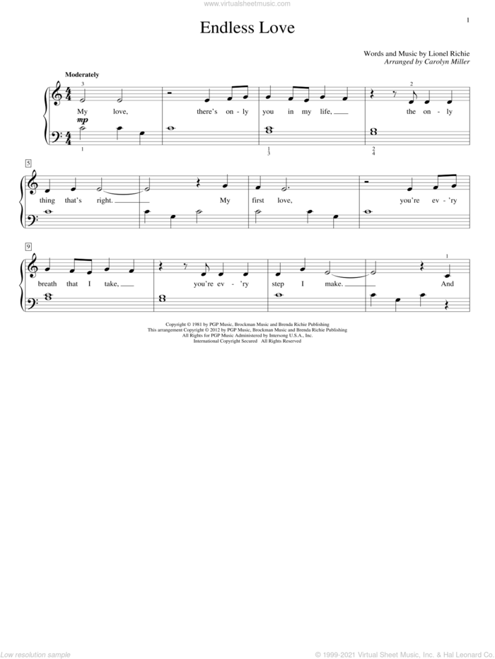 Endless Love sheet music for piano solo (elementary) by Lionel Richie & Diana Ross, Carolyn Miller, John Thompson and Lionel Richie, wedding score, beginner piano (elementary)