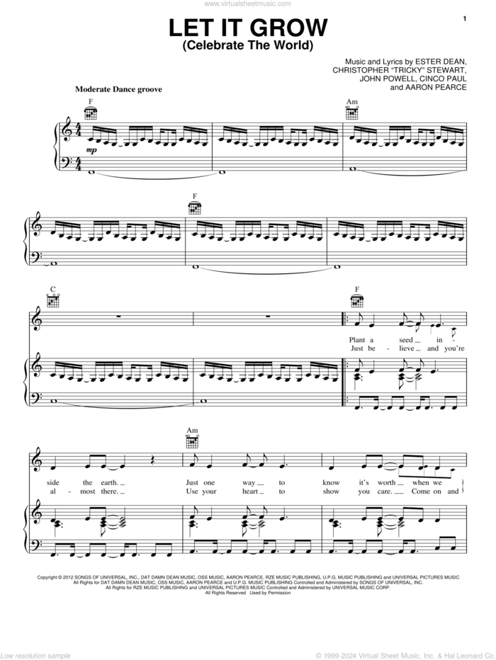 Let It Grow (Celebrate The World) sheet music for voice, piano or guitar by John Powell, The Lorax (Movie), Aaron Pearce, Christopher 'Tricky' Stewart, Cinco Paul and Ester Dean, intermediate skill level