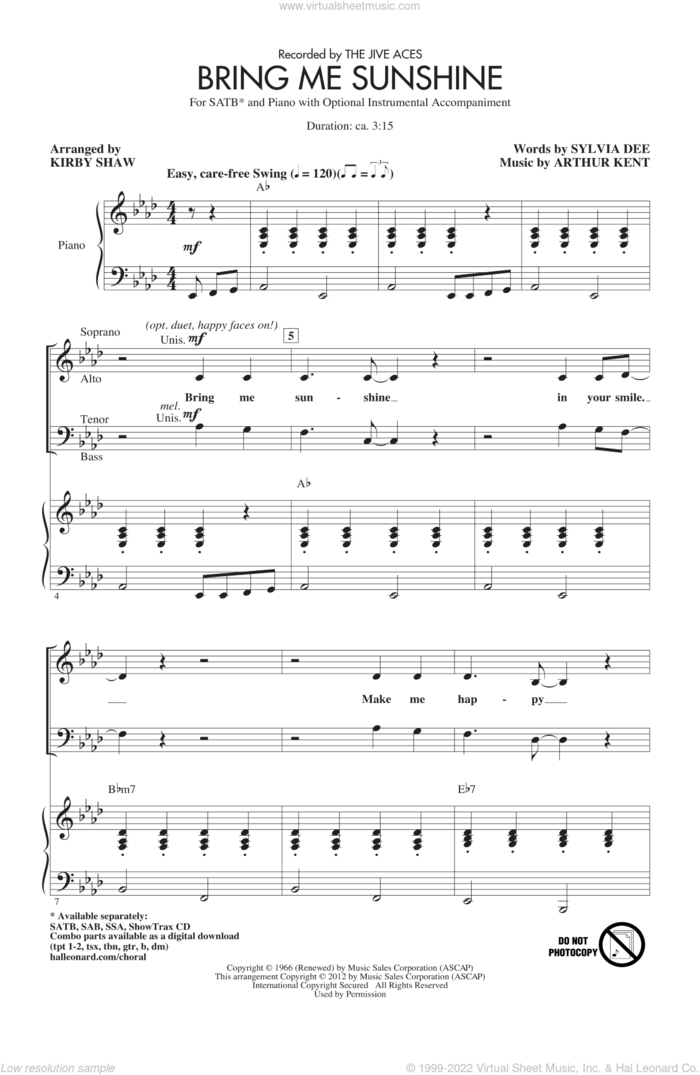 Bring Me Sunshine sheet music for choir (SATB: soprano, alto, tenor, bass) by Kirby Shaw, intermediate skill level