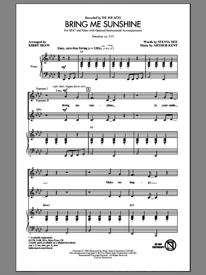 Bring Me Sunshine sheet music for choir (SSA: soprano, alto) by Kirby Shaw, intermediate skill level