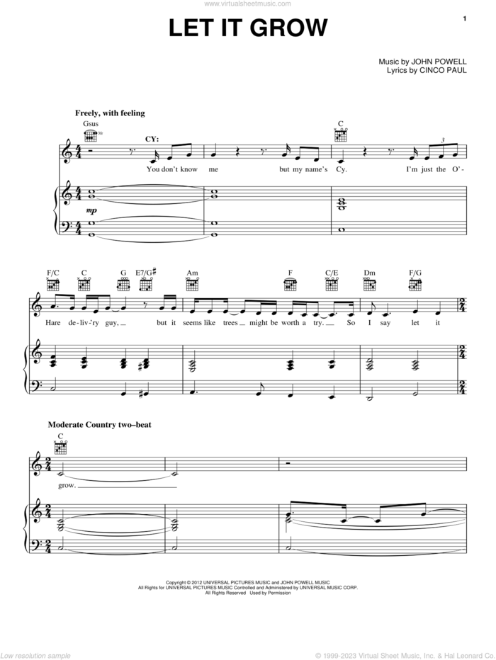 Let It Grow sheet music for voice, piano or guitar by John Powell, The Lorax (Movie) and Cinco Paul, intermediate skill level