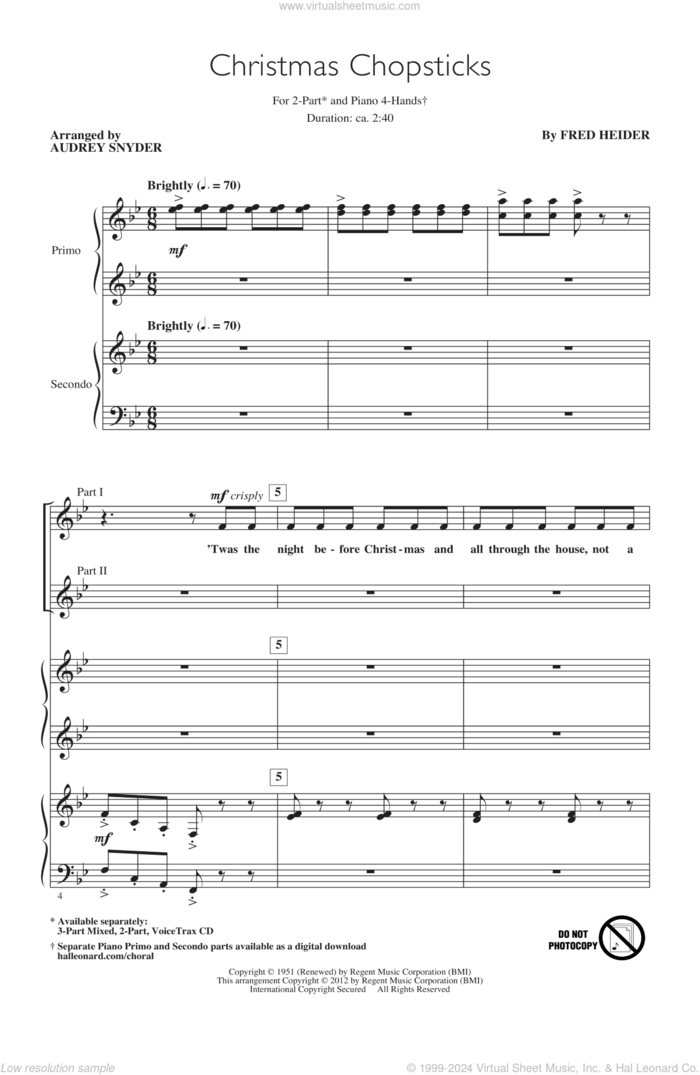 Christmas Chopsticks sheet music for choir (2-Part) by Audrey Snyder and Fred Heider, intermediate duet