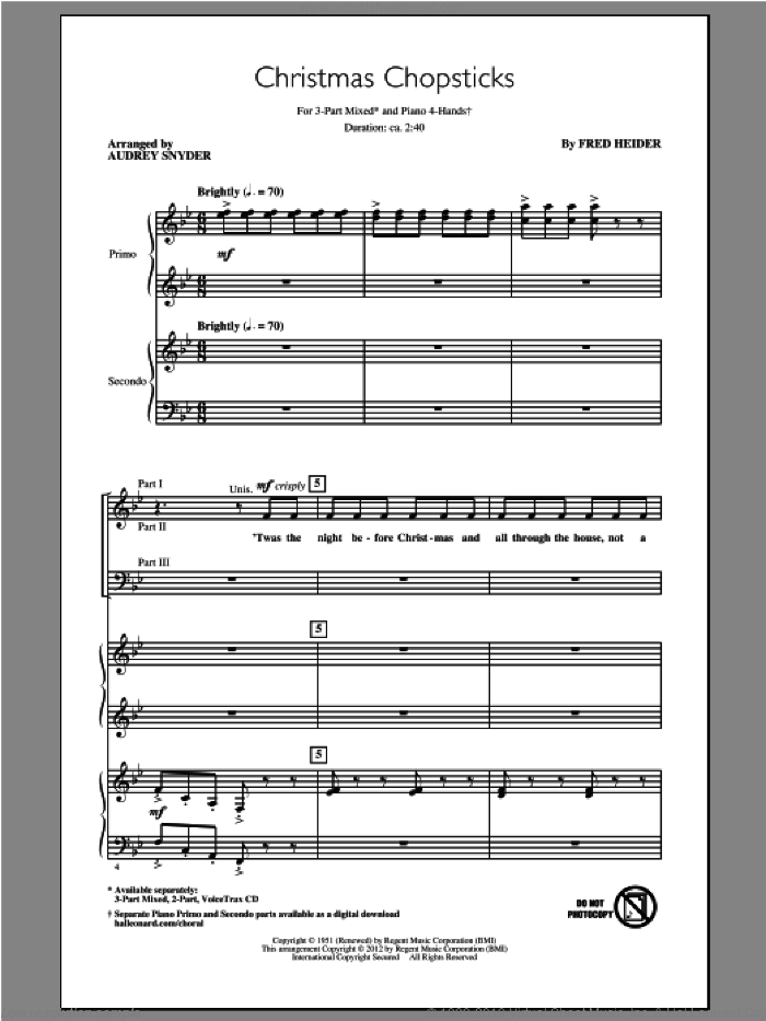 Christmas Chopsticks sheet music for choir (3-Part Mixed) by Audrey Snyder and Fred Heider, intermediate skill level