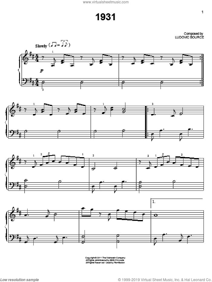 1931, (easy) sheet music for piano solo by Ludovic Bource and The Artist (Movie), easy skill level