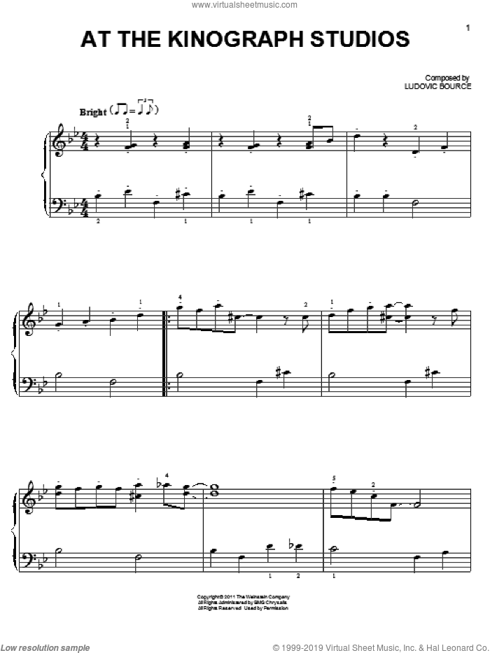 At The Kinograph Studios sheet music for piano solo by Ludovic Bource and The Artist (Movie), easy skill level