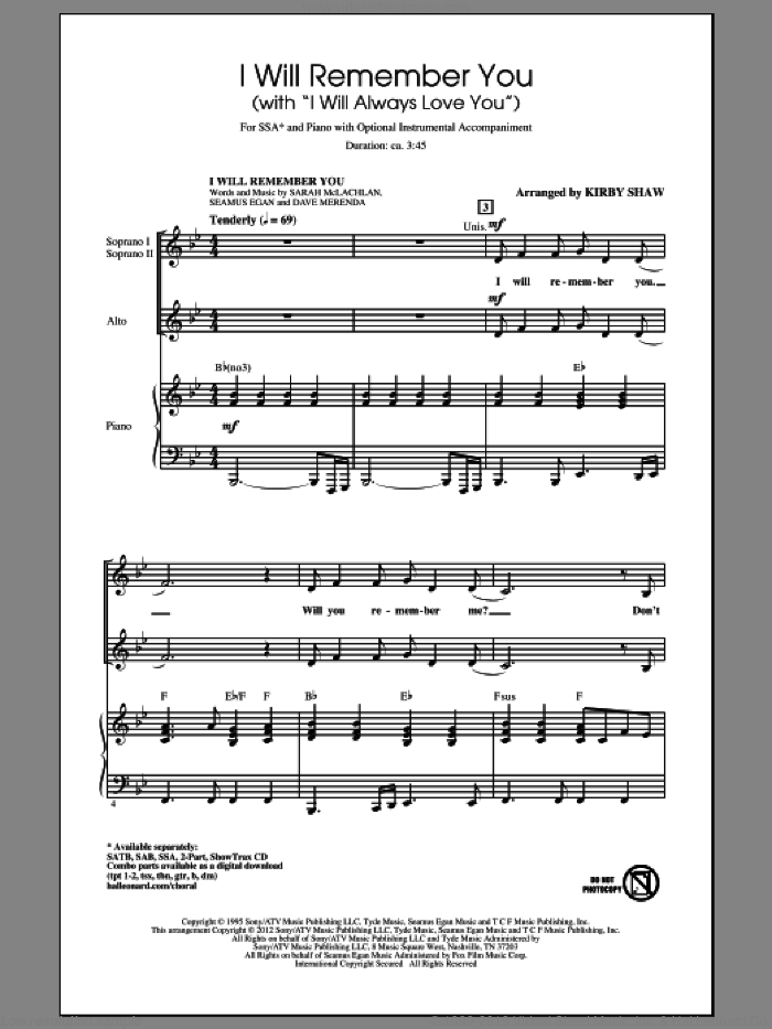 I Will Remember You (with I Will Always Love You) sheet music for choir (SSA: soprano, alto) by Dolly Parton, Sarah McLachlan, Kirby Shaw and Whitney Houston, wedding score, intermediate skill level
