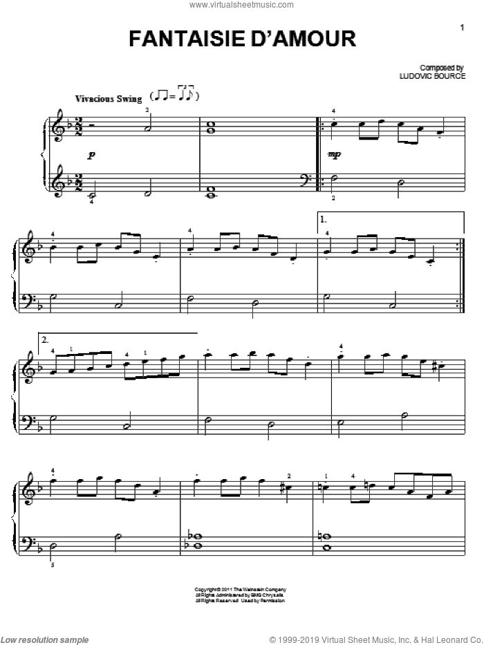 Fantaisie D'Amor sheet music for piano solo by Ludovic Bource and The Artist (Movie), easy skill level