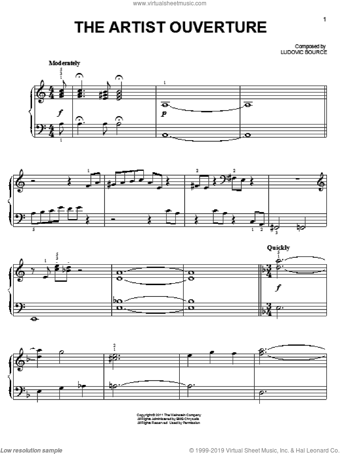The Artist Ouverture, (easy) sheet music for piano solo by Ludovic Bource and The Artist (Movie), easy skill level