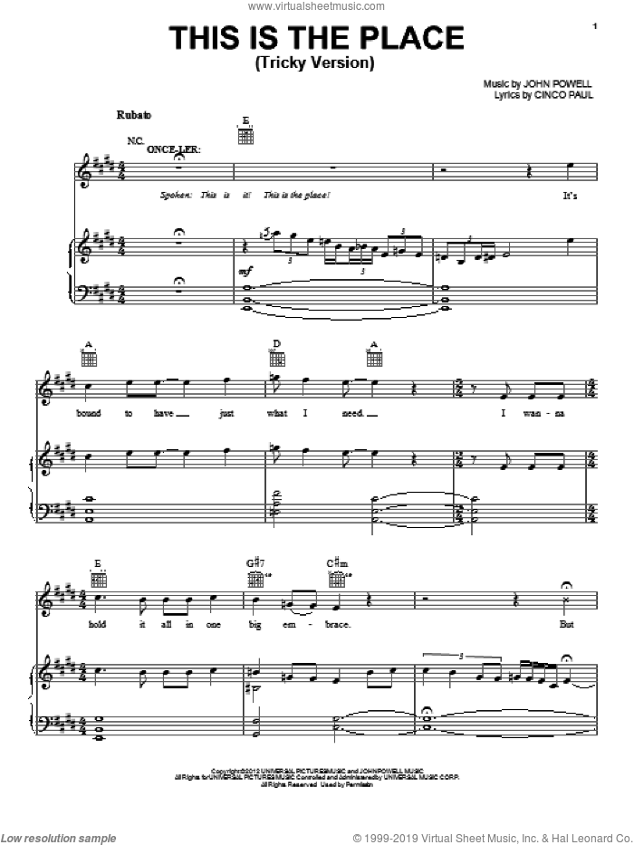 This Is The Place (Tricky Version) sheet music for voice, piano or guitar by John Powell, The Lorax (Movie) and Cinco Paul, intermediate skill level