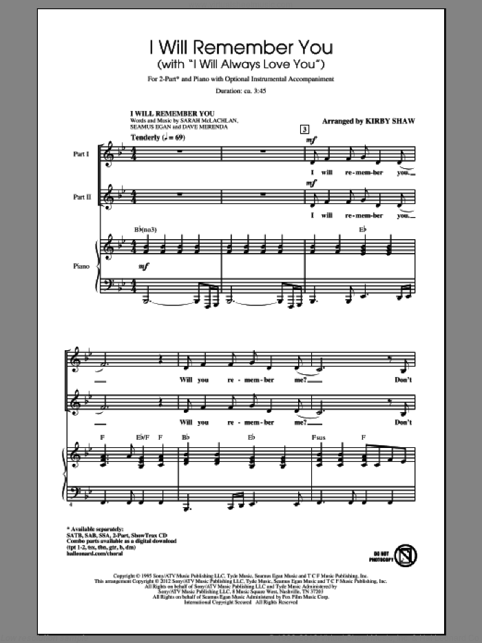 I Will Remember You (with I Will Always Love You) sheet music for choir (2-Part) by Dolly Parton, Sarah McLachlan, Kirby Shaw and Whitney Houston, wedding score, intermediate duet