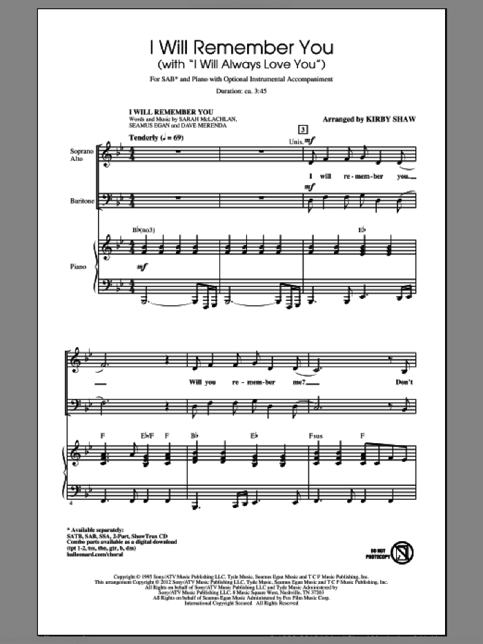 I Will Remember You (with I Will Always Love You) sheet music for choir (SAB: soprano, alto, bass) by Dolly Parton, Sarah McLachlan, Kirby Shaw and Whitney Houston, wedding score, intermediate skill level