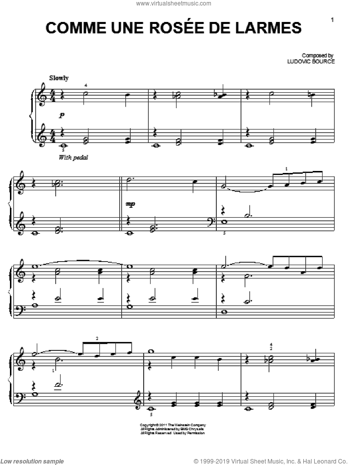 Comme Une Rosee De Larmes, (easy) sheet music for piano solo by Ludovic Bource and The Artist (Movie), easy skill level