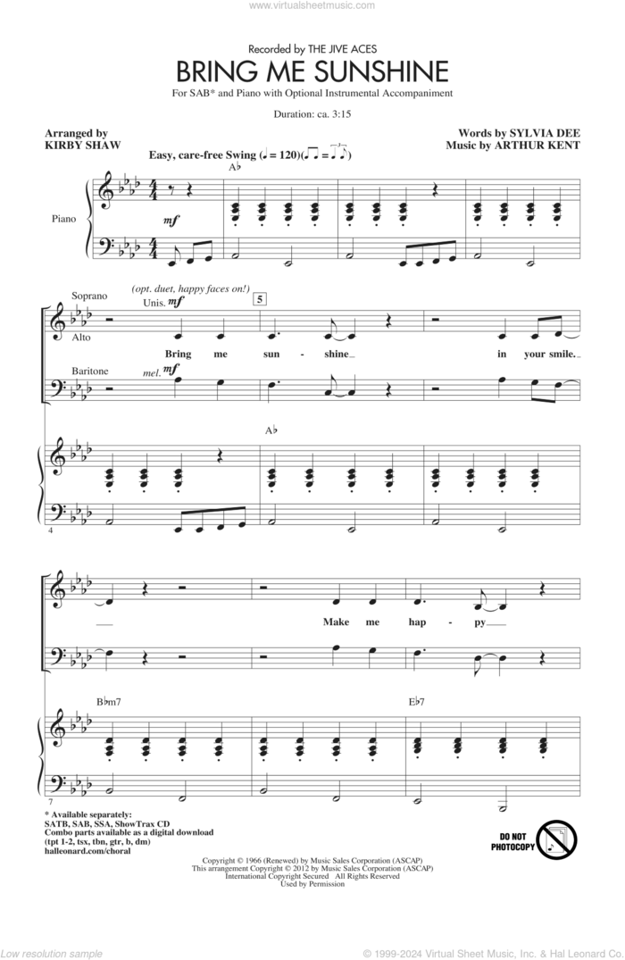 Bring Me Sunshine sheet music for choir (SAB: soprano, alto, bass) by Kirby Shaw, intermediate skill level