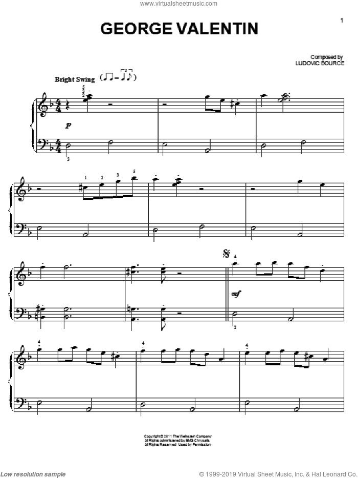 George Valentin, (easy) sheet music for piano solo by Ludovic Bource and The Artist (Movie), easy skill level