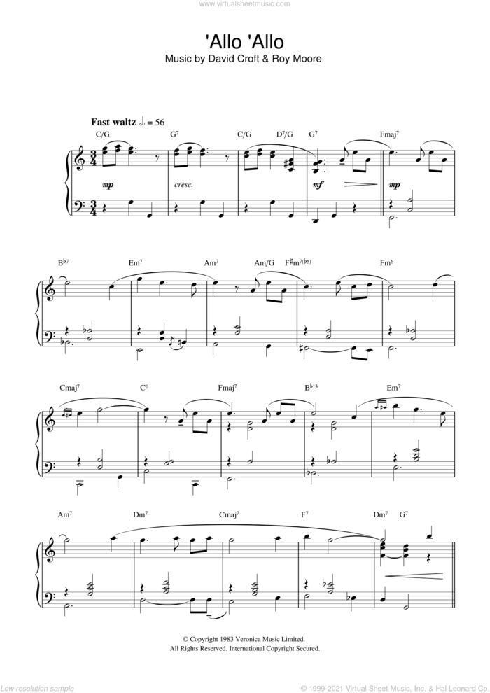 'Allo 'Allo sheet music for piano solo by David Croft and Roy Moore, intermediate skill level
