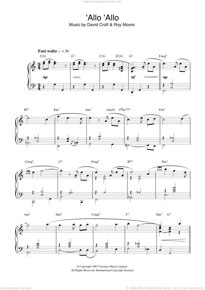 'Allo 'Allo sheet music for piano solo by David Croft and Roy Moore, intermediate skill level